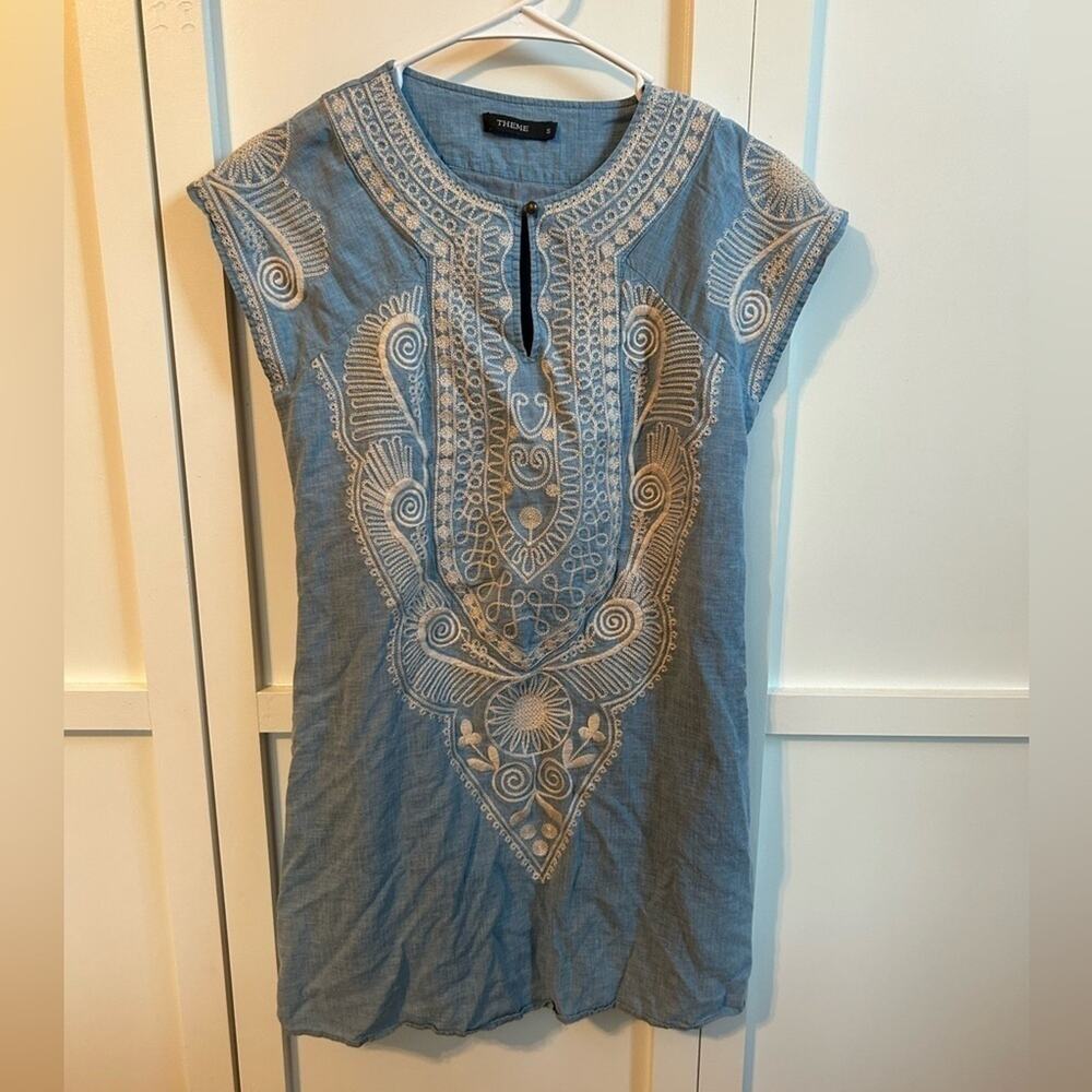 THEME Blue Embroidery Detail Dress Small